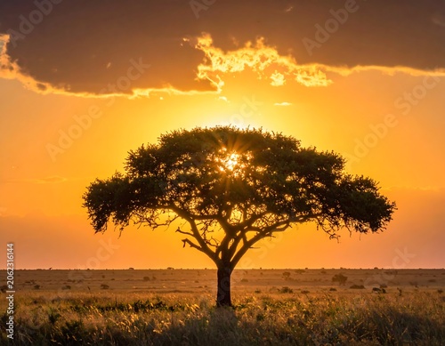 A serene savannah landscape featuring a majestic tree silhouetted against a vibrant orange sunrise
