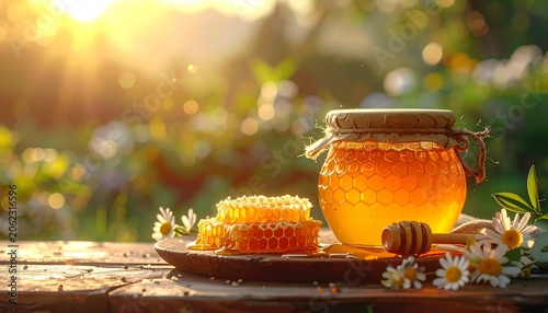 A serene still life of a golden honey jar with a honeycomb and dipper on a wooden table amidst flowers in a sunny garden