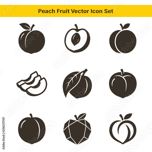 Peach icon set vector black isolated on white background