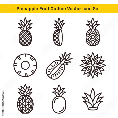 Pineapple outline icon set vector black isolated on white background