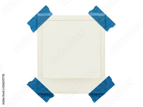 Square paper photo frame with blue tape corners isolated on white background