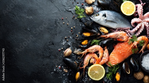 Seafood spread on a dark surface. Fish, shellfish, and mollusks are artfully arranged with garnishes