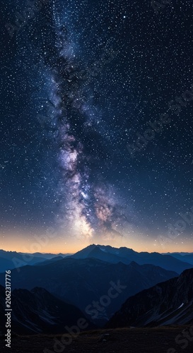 Breathtaking milky way over majestic mountain peaks at twilight