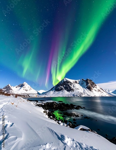 A serene winter landscape with the aurora borealis dancing above snow-capped mountains and a tranquil body of water