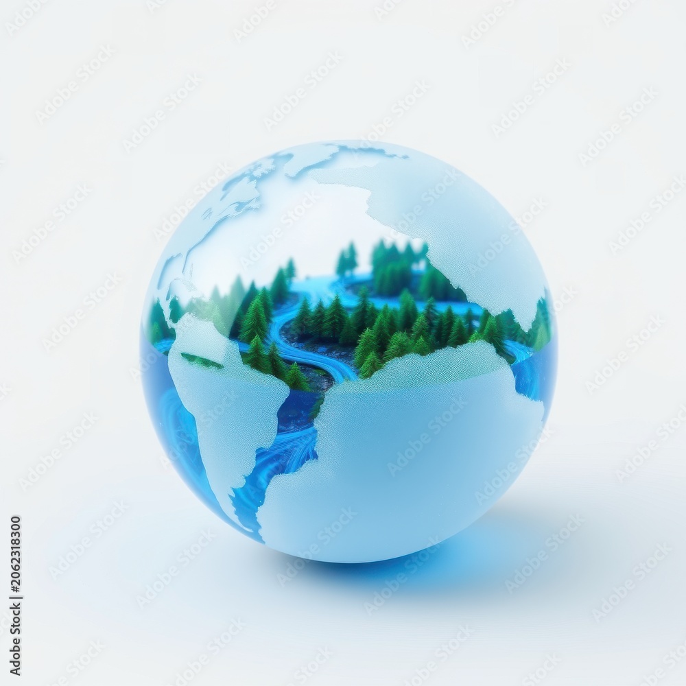 Naklejka premium Stylized globe depicts landmasses, forests, rivers. Blue oceans contrast white polar regions. Minimalist design, clean aesthetic.