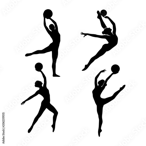 Four Silhouette Gymnasts Performing Dynamic Acrobatic Moves on White Background