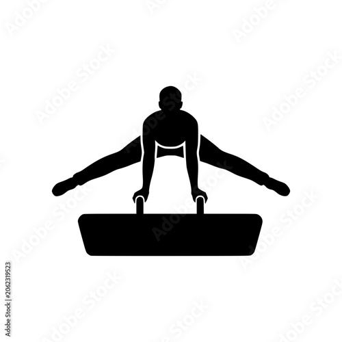 Silhouette Athlete Performing Gymnastics Balance on Pommel Horse Minimalist Black and White