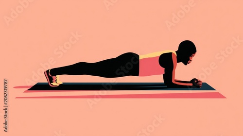 Silhouette of person in plank pose, lying on forearms and toes, on a black mat, against a peach background