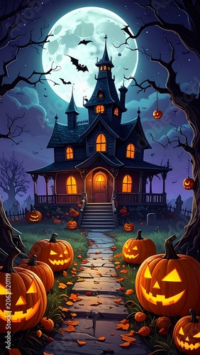 A spooky mansion with lit jack-o'-lanterns on a path under a full moon