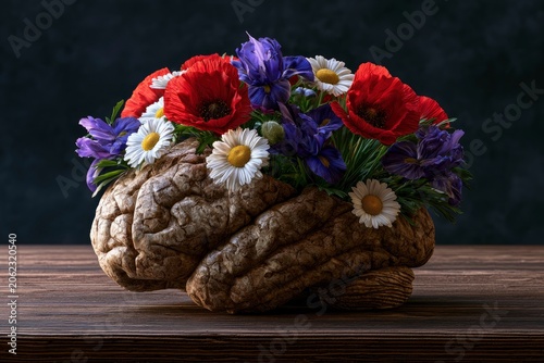 Cerebral organ flourishing with vibrant floral blossoms on aged wood in professional macro shot for psychological wellness advertising