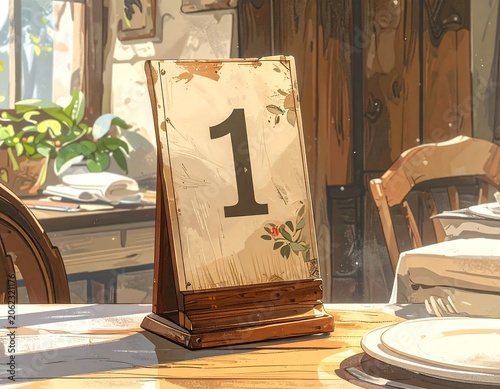 A table setting with a wooden table number sign holding the number one, surrounded by plates, napkins, and utensils in a cozy dining room