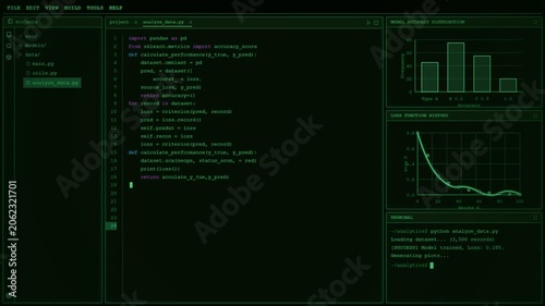 Programming Interface displaying Python code machine learning data analysis graphs on dark green digital screen background