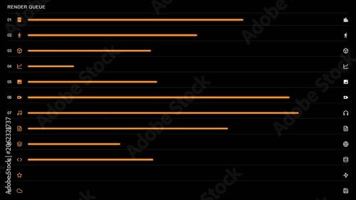 Render queue showing processing progress with orange bars and various icons on a dark digital screen