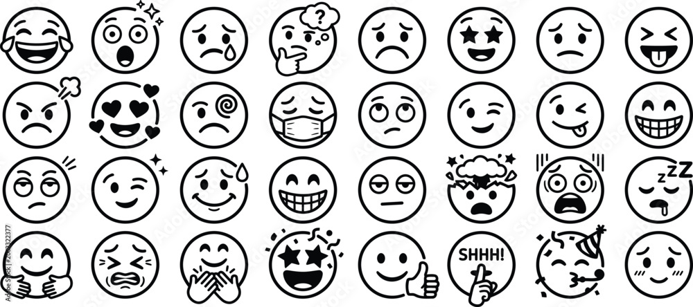 Fototapeta premium Emotion icons, emoticon faces, black and white vector set, 30 emoticons, line art expressions