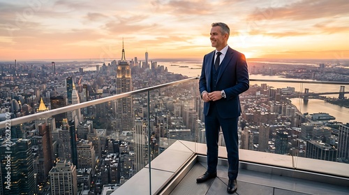 Successful Entrepreneur Sitting on Rooftop with Illuminated City Skyline