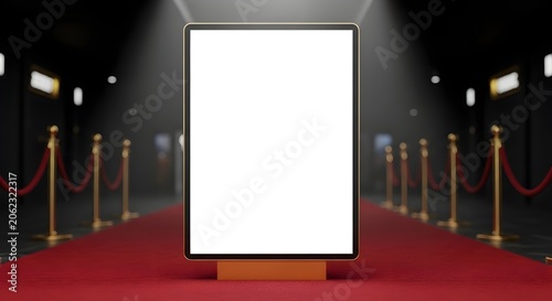 Blank billboard on red carpet with spotlights, perfect for advertising and promotions in a luxurious setting.