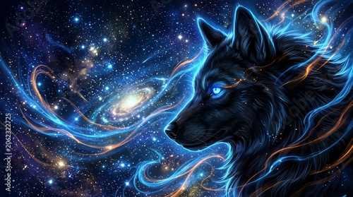 Mystical wolf spirit glowing with cosmic energy in a vibrant nebula galaxy background featuring radiant blue
