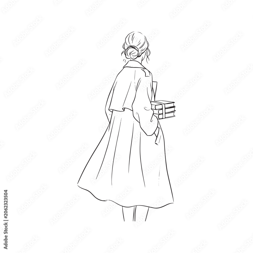 Fototapeta premium Minimalist vector line art sketch of a woman holding a stack of books from behind, simple female student outline drawing. 