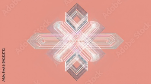 Geometric, layered central design with transparent, overlapping X shapes. Salmon colored background