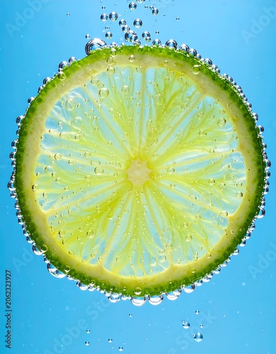 A vibrant green citrus slice submerged in water with bubbles