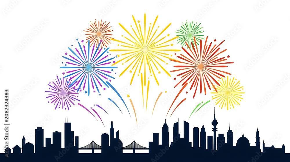 Fototapeta premium City skyline, colorful fireworks display, urban celebration, night time
