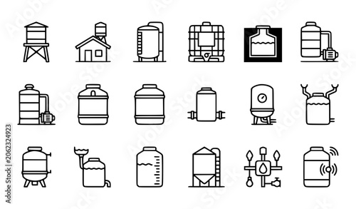 Water Tank and Storage Container Line Icon Set Featuring Industrial Silos, Reservoirs, and Liquid Distribution Systems for Engineering and Plumbing Designs