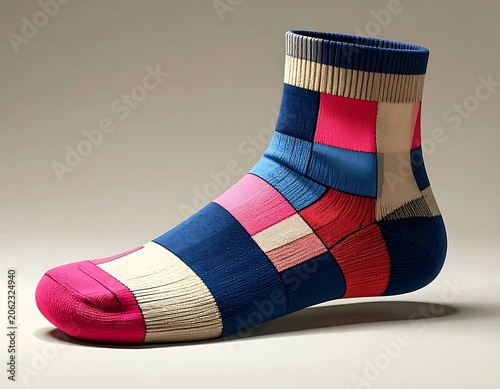 A vibrant, multicolored sock with a patchwork design