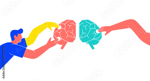 Abstract Vector Illustration of Hands Connecting and Healing Human Brain Hemispheres for Mental Health and Psychology