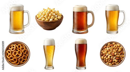 Cold beer glasses and salty bar snacks set, assorted lager and ale mugs, popcorn and pretzels