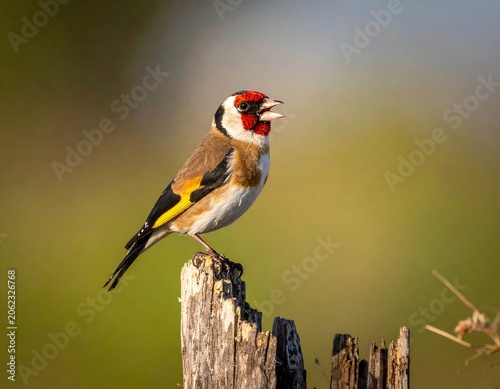 A vibrant small bird perches on a weathered wooden post outdoors