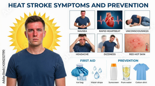 Heat stroke prevention guide with symptom chart and first aid tip illustration for health awareness. emergency risk health warning. safety temperature protection, dehydration danger sun summer