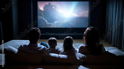 Family watching movie together on home theater screen