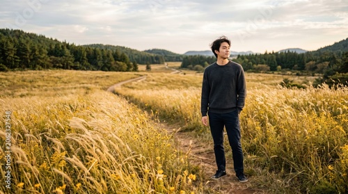 Handsome Young Korean Man Standing in Golden Meadow at Countryside Sunset