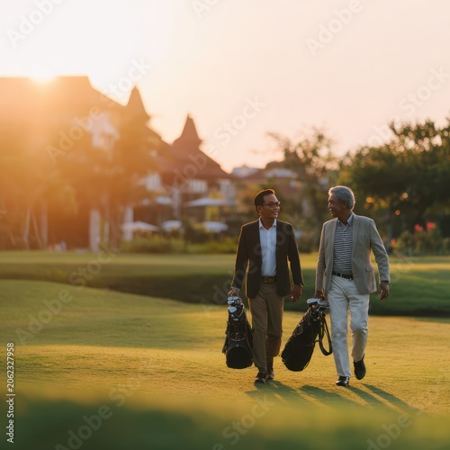 Two Male Golfers Walking on Golf Course During Sunset with Golf Bags in Hand