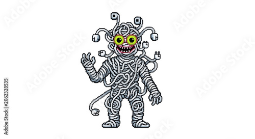Konstfotografi Whimsical Mummy Creature with Many Eyes Waving Hello.