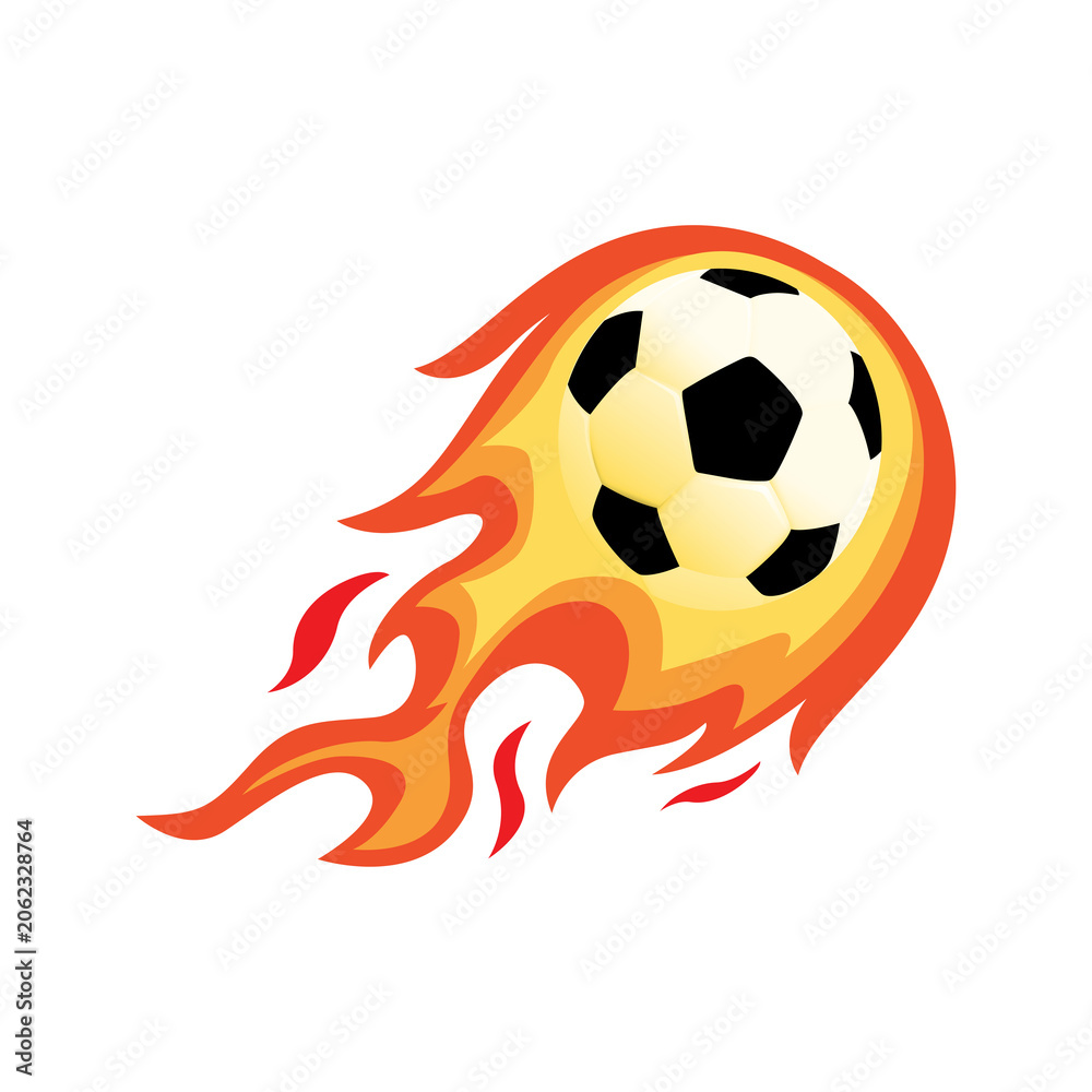 Fototapeta premium Classic black and white soccer ball engulfed in bright orange and yellow stylized flames moving at speed isolated on a transparent background