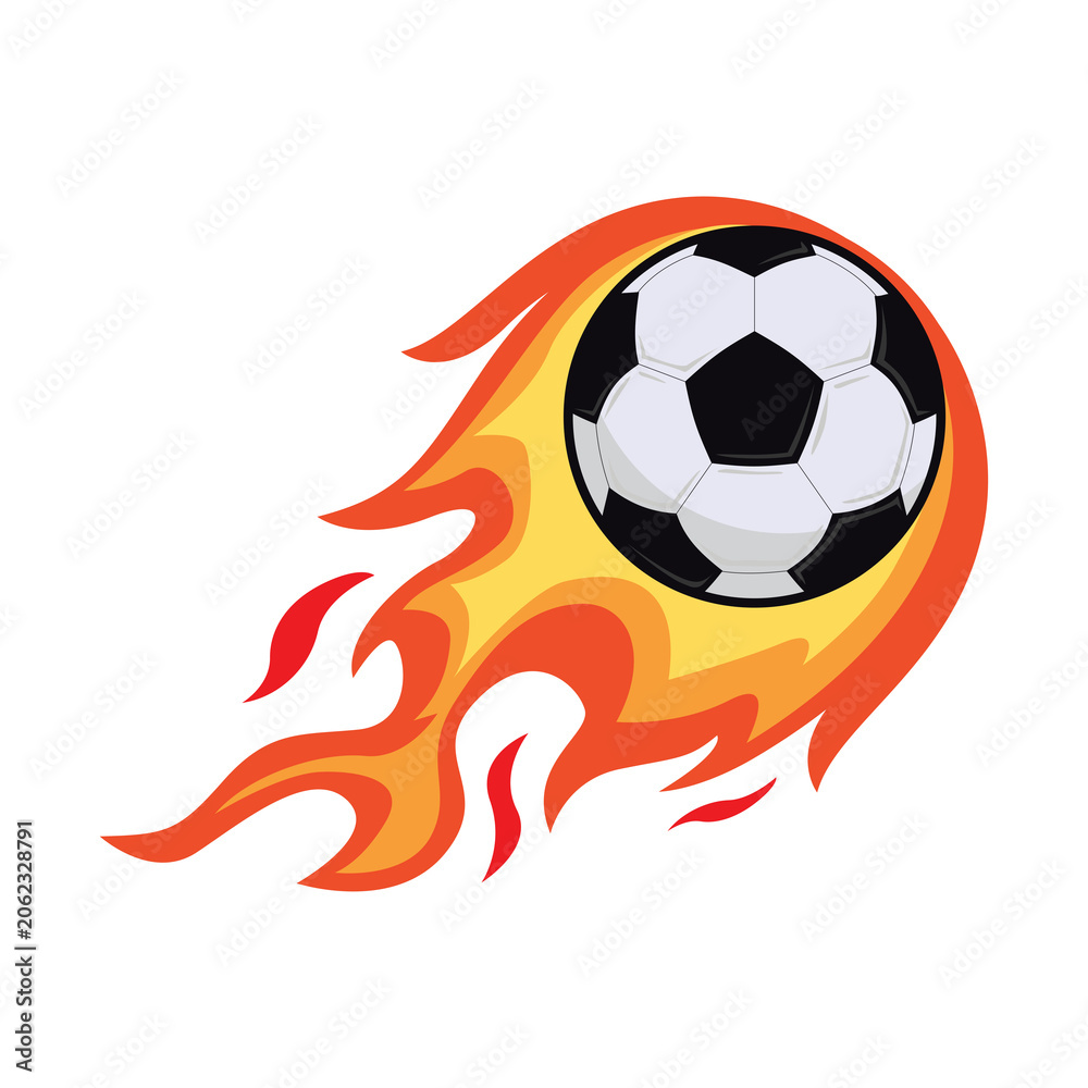 Fototapeta premium Classic black and white soccer ball moving at speed with a bright orange and yellow flame trail isolated on a transparent background