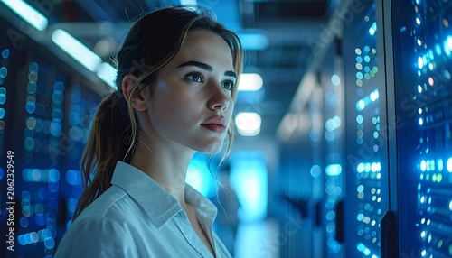 A woman in a white shirt looks at server racks in a data center