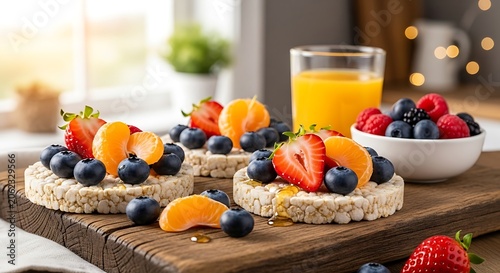 Healthy Breakfast Rice cakes with fresh berries and orange juice on a sunny day.