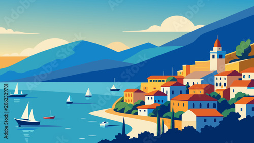  Saranda Coastal Town Vector Illustration