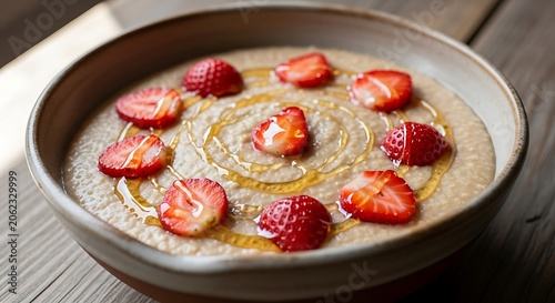 Healthy Oatmeal Breakfast Strawberries with Honey Swirl on Table, and Cozy Morning.