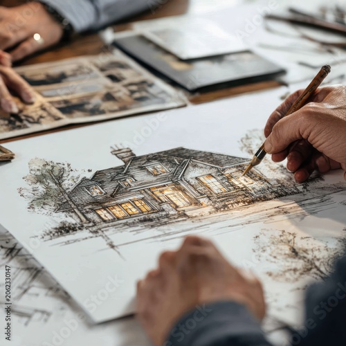 Architectural Designer Creating Warmly Lit House Sketch in Studio with Drafting Tools