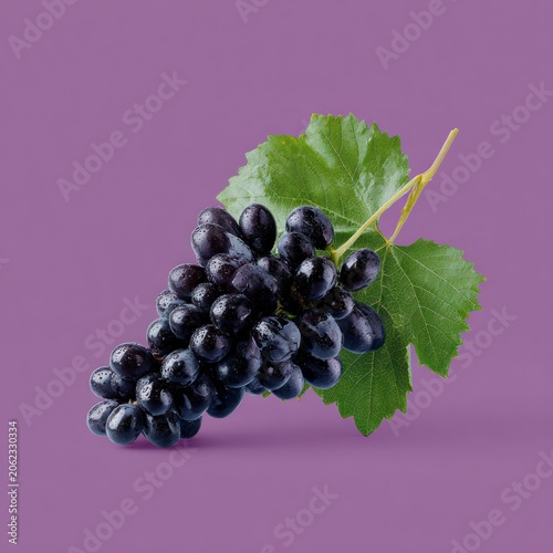 Fresh Black Grapes with Green Leaves on Purple Background