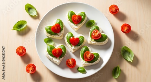Heartshaped Caprese Appetizers Valentines Day with Food Art on White Plate, and Wooden Table.