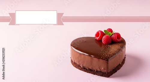 Heartshaped chocolate cake with raspberries on pink backdrop with blank banner.