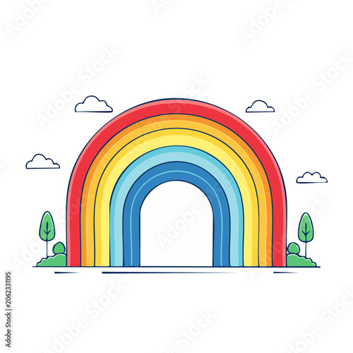 Colorful rainbow arch with clouds and trees