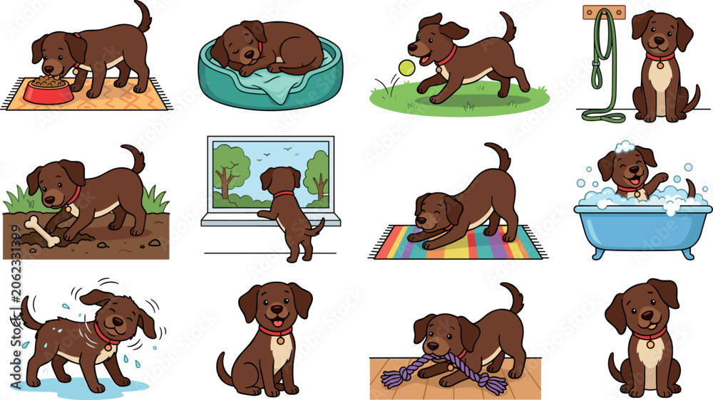Fototapeta premium Cute Brown Puppy Daily Routine Vector Set with Cartoon Dog Eating, Sleeping, Playing, Bathing, and Training Activities for Pet Care Graphics