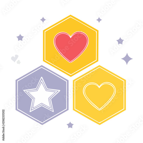 Flat design hexagonal icons with heart and star