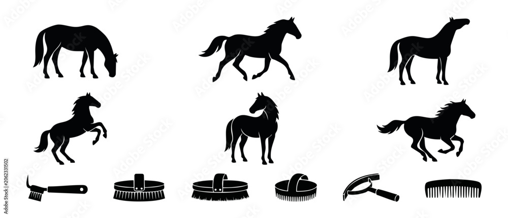 Fototapeta premium Horse silhouette vector grooming set featuring running rearing horses and care tools like brushes combs for equestrian design, riding stables, horse breeding, ranch logo branding, isolated graphics.
