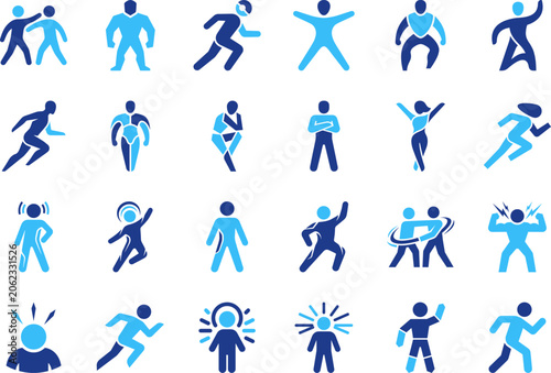 Assorted blue human figure icons depicting various physical activities and athletic poses.
